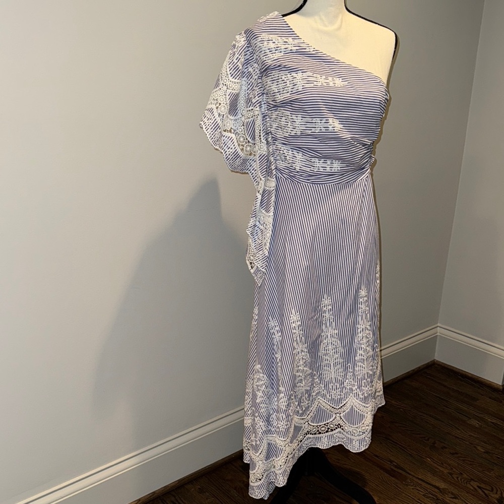 BCBGMaxAzria Blue & White One-Shoulder Sundress Sz 8